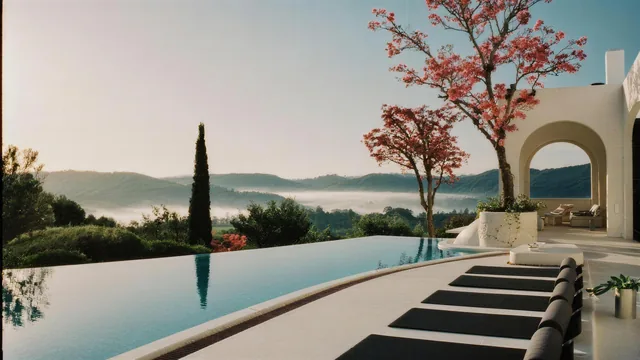 Terrasse einer Retreat-Villa mit Pool bei Sonnenaufgang